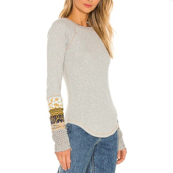 Free People In The Mix Cuff Thermal Tee Heather Grey Color LAST ONE Sz Small NWT - Picture 11 of 13